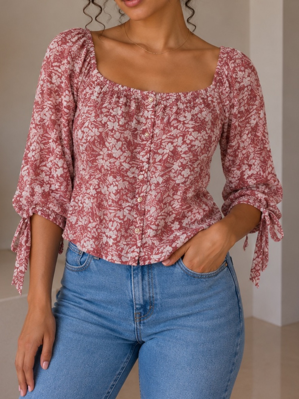 Floral Square-Neck Tie-Sleeve Blouse - Rose